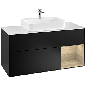 Villeroy und Boch Finion Waschtischunterschrank F421PCPD 120cm, Abdeckplatte white matt, Regal rechts Oak Veneer, Black matt lacquer