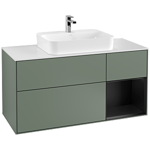 Villeroy und Boch Finion Waschtischunterschrank F421PDGM 120cm, Abdeckplatte white matt, Regal rechts Black matt lacquer, Olive Matt Lacquer