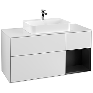 Villeroy und Boch Finion Waschtischunterschrank F421PDMT 120cm, Abdeckplatte white matt, Regal rechts Black matt lacquer, White matt lacquer