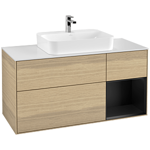 Villeroy und Boch Finion Waschtischunterschrank F421PDPC 120cm, Abdeckplatte white matt, Regal rechts Black matt lacquer, Oak Veneer