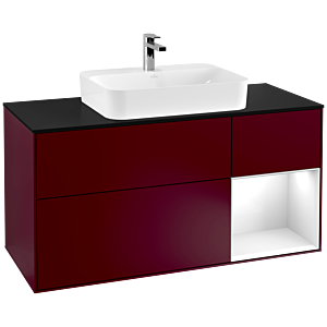 Villeroy et Boch Finion Villeroy et Boch F422GFHB 120cm, plaque de finition noir mat, étagère à droite laqué blanc brillant, Peony Matt