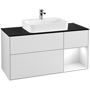 Villeroy et Boch Finion Villeroy et Boch F422GFMT 120cm, plaque de finition noir mat, étagère à droite laqué blanc brillant, laqué blanc mat