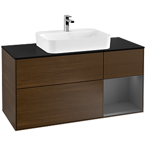 Villeroy und Boch Finion Waschtischunterschrank F422GKGN 120cm, Abdeckplatte black matt, Regal rechts Anthracite matt, Walnut veneer