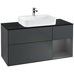 Villeroy und Boch Finion Waschtischunterschrank F422GKHG 120cm, Abdeckplatte black matt, Regal rechts Anthracite matt, Midnight Blue Matt Lacquer