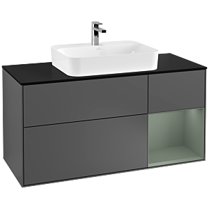 Villeroy und Boch Finion Waschtischunterschrank F422GMGK 120cm, Abdeckplatte black matt, Regal rechts Olive Matt Lacquer, Anthracite matt