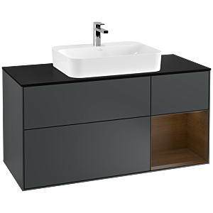 Villeroy und Boch Finion Waschtischunterschrank F422GNHG 120cm, Abdeckplatte black matt, Regal rechts Walnut veneer, Midnight Blue Matt Lacquer
