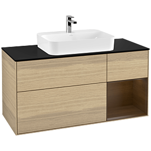 Villeroy und Boch Finion Waschtischunterschrank F422GNPC 120cm, Abdeckplatte black matt, Regal rechts Walnut veneer, Oak Veneer