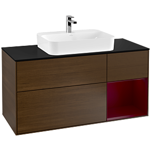 Villeroy und Boch Finion Waschtischunterschrank F422HBGN 120cm, Abdeckplatte black matt, Regal rechts Peony, Walnut veneer