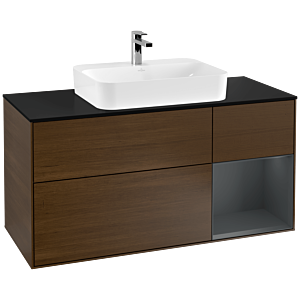 Villeroy und Boch Finion Waschtischunterschrank F422HGGN 120cm, Abdeckplatte black matt, Regal rechts Midnight Blue Matt Lacquer, Walnut veneer