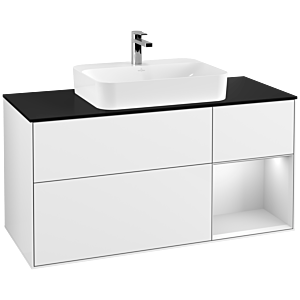 Villeroy et Boch Finion Villeroy et Boch F422MTGF 120cm, plaque de finition noir mat, étagère à droite laqué blanc mat, laqué blanc brillant