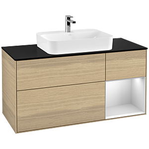Villeroy und Boch Finion Waschtischunterschrank F422MTPC 120cm, Abdeckplatte black matt, Regal rechts White matt lacquer, Oak Veneer