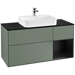 Villeroy et Boch Finion Villeroy et Boch F422PDGM 120cm, plaque de finition noir mat, étagère à droite laqué noir mat, Olive Matt Lacquer