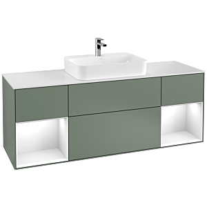 Villeroy und Boch Finion Waschtischunterschrank F451GFGM 160x60,3cm, Abdeckplatte white matt, Regale Glossy white lacquer, Olive Matt Lacquer