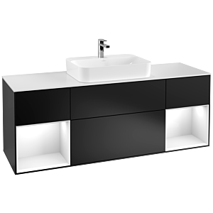 Villeroy et Boch Finion Villeroy et Boch F451GFPD 160x60,3cm, plaque de finition blanc mat, étagères laqué blanc brillant, laqué noir mat