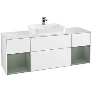 Villeroy und Boch Finion Waschtischunterschrank F451GMGF 160x60,3cm, Abdeckplatte white matt, Regale Olive matt lacquer, Glossy white lacquer