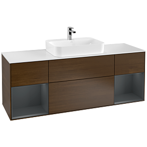 Villeroy und Boch Finion Waschtischunterschrank F451HGGN 160x60,3cm, Abdeckplatte white matt, Regale Midnight matt lacquer, Walnut veneer
