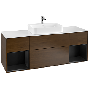 Villeroy und Boch Finion Waschtischunterschrank F451PDGN 160x60,3cm, Abdeckplatte white matt, Regale Black matt lacquer, Walnut veneer