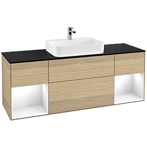 Villeroy und Boch Finion Waschtischunterschrank F452GFPC 160x60,3cm, Abdeckplatte black matt, Regale Glossy white lacquer, Oak Veneer