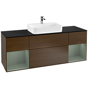 Villeroy und Boch Finion Waschtischunterschrank F452GMGN 160x60,3cm, Abdeckplatte black matt, Regale Olive matt lacquer, Walnut veneer