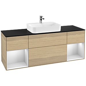 Villeroy und Boch Finion Waschtischunterschrank F452MTPC 160x60,3cm, Abdeckplatte black matt, Regale White matt lacquer, Oak Veneer