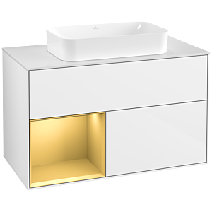 Villeroy und Boch Finion Waschtischunterschrank F651HFGF 100x60,3x50,1cm, Regal links Gold matt, Glossy white lacquer