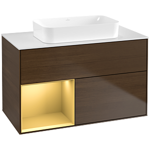 Villeroy und Boch Finion Waschtischunterschrank F651HFGN 100x60,3x50,1cm, Regal links Gold matt, Walnut veneer