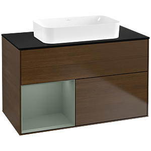 Villeroy und Boch Finion Waschtischunterschrank F652GMGN 100x60,3x50,1cm, Regal links Olive Matt Lacquer, Walnut veneer