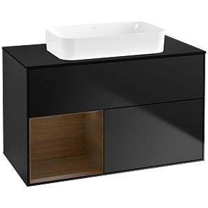 Villeroy und Boch Finion Waschtischunterschrank F652GNPD 100x60,3x50,1cm, Regal links Walnut veneer, Black matt lacquer