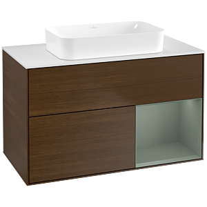 Villeroy und Boch Finion Waschtischunterschrank F661GMGN 100x60,3x50,1cm, Regal rechts Olive Matt Lacquer, Walnut veneer