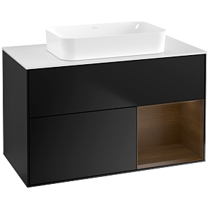 Villeroy und Boch Finion Waschtischunterschrank F661GNPD 100x60,3x50,1cm, Regal rechts Walnut veneer, Black matt lacquer