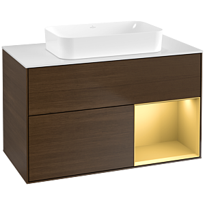 Villeroy und Boch Finion Waschtischunterschrank F661HFGN 100x60,3x50,1cm, Regal rechts Gold matt, Walnut veneer