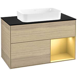 Villeroy und Boch Finion Waschtischunterschrank F662HFPC 100x60,3x50,1cm, Regal rechts Gold matt, Oak Veneer