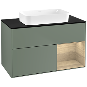 Villeroy und Boch Finion Waschtischunterschrank F662PCGM 100x60,3x50,1cm, Regal rechts Oak Veneer, Olive Matt Lacquer