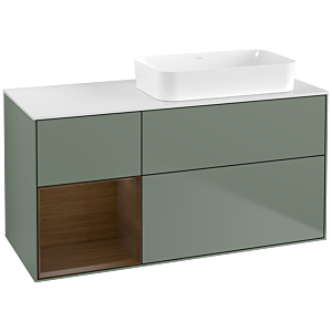 Villeroy und Boch Finion Waschtischunterschrank F681GNGM 120x60,3x50,1cm, Regal links Walnut veneer, Olive Matt Lacquer