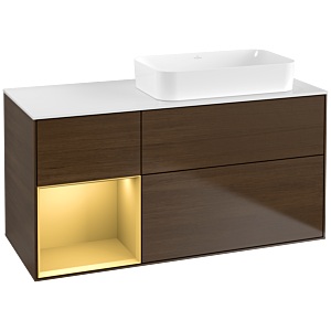 Villeroy und Boch Finion Waschtischunterschrank F681HFGN 120x60,3x50,1cm, Regal links Gold matt, Walnut veneer