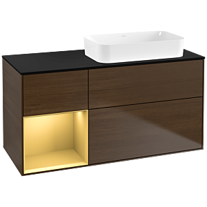 Villeroy und Boch Finion Waschtischunterschrank F682HFGN 120x60,3x50,1cm, Regal links Gold matt, Walnut veneer