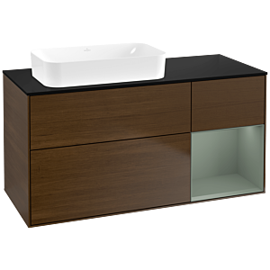 Villeroy und Boch Finion Waschtischunterschrank F692GMGN 120x60,3x50,1cm, Regal rechts Olive Matt Lacquer, Walnut veneer