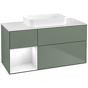 Villeroy und Boch Finion Waschtischunterschrank F701GFGM 120x60,3x50,1cm, Regal links Glossy white lacquer, Olive Matt Lacquer