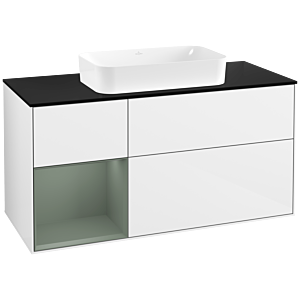 Villeroy und Boch Finion Waschtischunterschrank F702GMGF 120x60,3x50,1cm, Regal links Olive Matt Lacquer, Glossy white lacquer