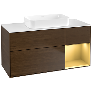Villeroy und Boch Finion Waschtischunterschrank F711HFGN 120x60,3x50,1cm, Regal rechts Gold matt, Walnut veneer