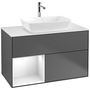 Villeroy und Boch Finion Waschtischunterschrank F771GFGK 100cm, Abdeckplatte white matt, Regale Glossy white lacquer, Anthracite matt