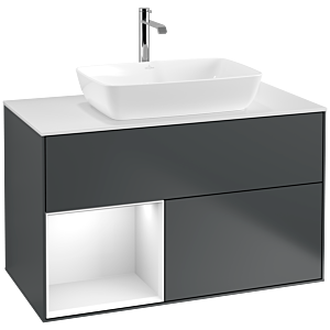 Villeroy und Boch Finion Waschtischunterschrank F771GFHG 100cm, Abdeckplatte white matt, Regale Glossy white lacquer, Midnight Blue Matt Lacquer