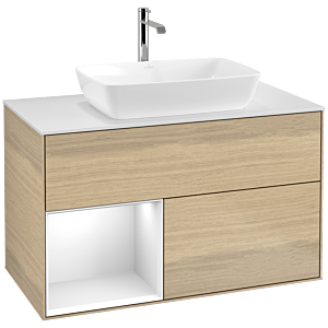 Villeroy und Boch Finion Waschtischunterschrank F771GFPC 100cm, Abdeckplatte white matt, Regale Glossy white lacquer, Oak Veneer