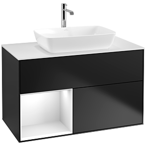 Villeroy und Boch Finion Waschtischunterschrank F771GFPD 100cm, Abdeckplatte white matt, Regale Glossy white lacquer, Black matt lacquer