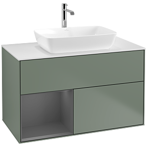 Villeroy und Boch Finion Waschtischunterschrank F771GKGM 100cm, Abdeckplatte white matt, Regale Anthracite matt lacquer, Olive Matt Lacquer