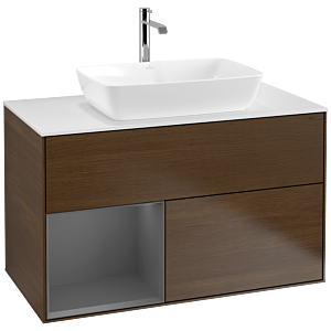 Villeroy und Boch Finion Waschtischunterschrank F771GKGN 100cm, Abdeckplatte white matt, Regale Anthracite matt lacquer, Walnut veneer