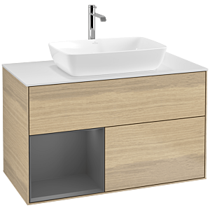 Villeroy und Boch Finion Waschtischunterschrank F771GKPC 100cm, Abdeckplatte white matt, Regale Anthracite matt lacquer, Oak Veneer