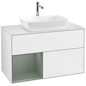 Villeroy und Boch Finion Waschtischunterschrank F771GMGF 100cm, Abdeckplatte white matt, Regale Olive matt lacquer, Glossy white lacquer