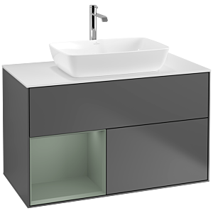 Villeroy et Boch Finion Villeroy et Boch F771GMGK 100cm, plaque de recouvrement blanc mat, étagères laqué olive mat, anthracite mat