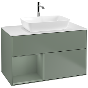 Villeroy und Boch Finion Waschtischunterschrank F771GMGM 100cm, Abdeckplatte white matt, Regale Olive matt lacquer, Olive Matt Lacquer